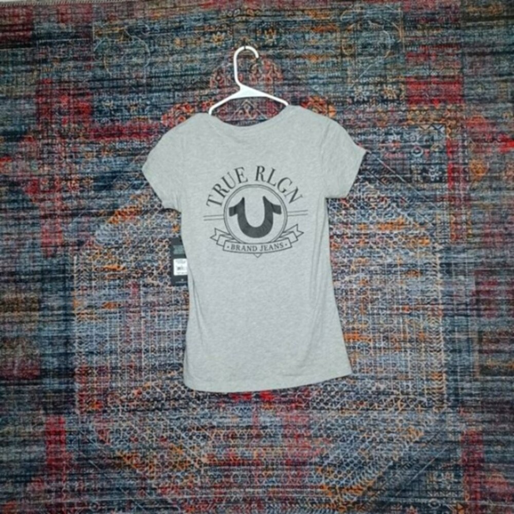 True Religion womens heathered gray an black BIG HS vneck tee shirt S NWT